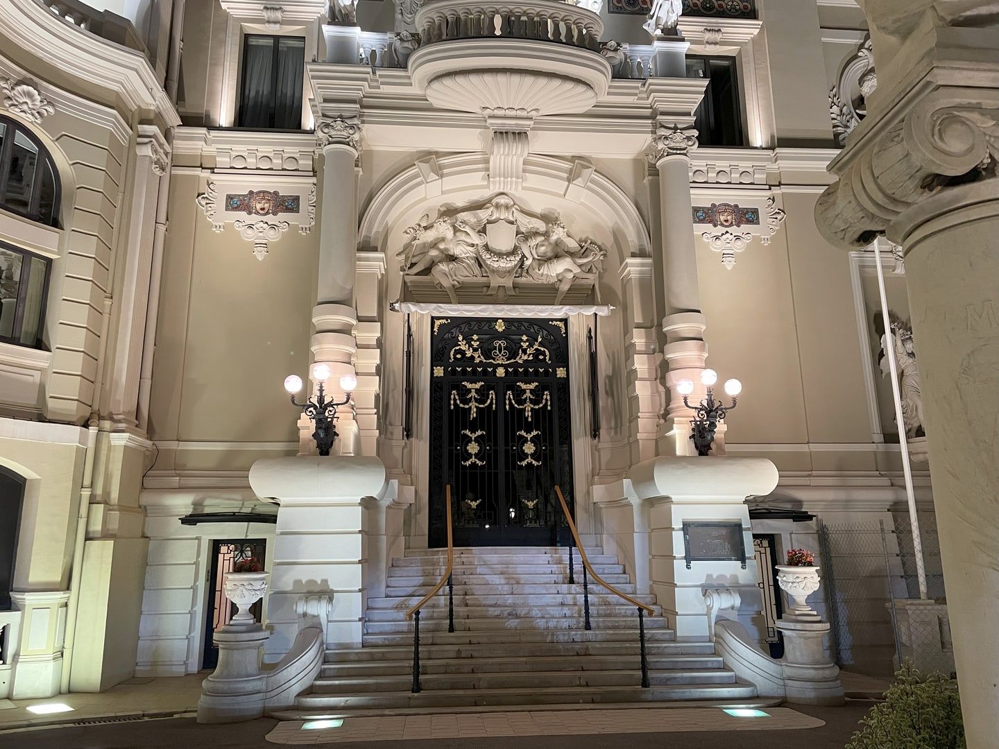 Ornate entrance of the Monte Carlo Opera House at night